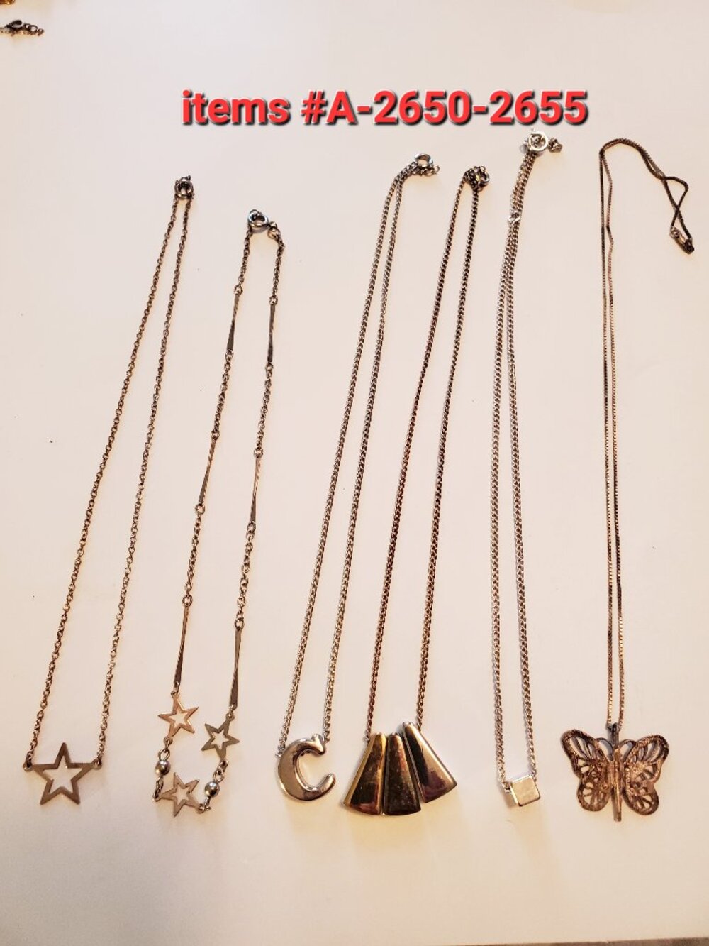 6 Silver Chain necklaces with pendants, items # A -2650-2655, 35 grams.